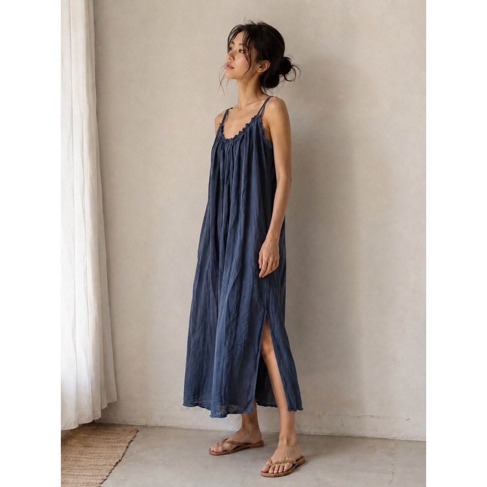 NWT Elan Blue Gauze Maxi Dress Spaghetti Strap Side Slits Boho Beachy Resort